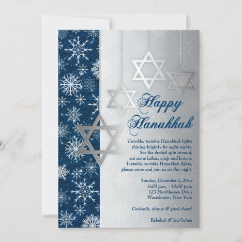 Blue Silver White Snowflakes Hanukkah Party Invite