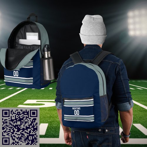 Blue Silver White Sports Striped Jersey Team Name Printed Backpack