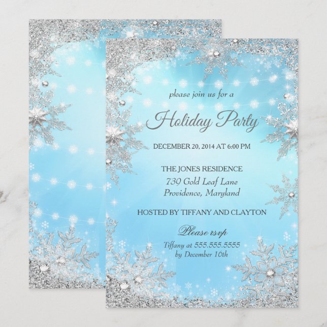 Blue Silver Winter Christmas Holiday Party Invitation (Front/Back)