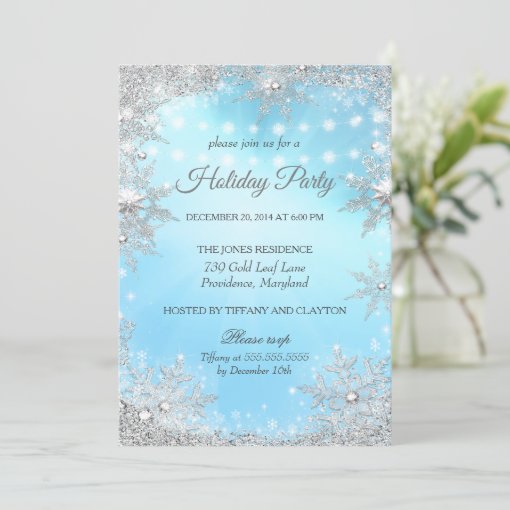 Blue Silver Winter Christmas Holiday Party Invitation | Zazzle