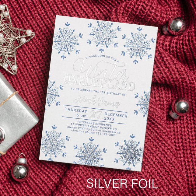 Blue silver Winter Onederland first birthday Foil Invitation (Creator Uploaded)