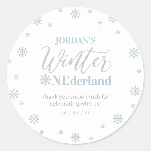 Blue Silver Winter onederland Thank you snow much Classic Round Sticker
