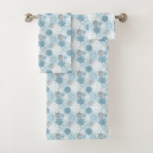 Blue & Silver Winter Snow Flakes Pattern Bath Towel Set