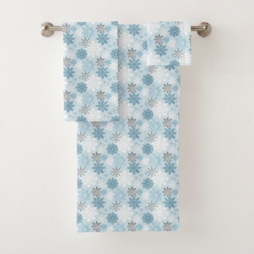 Blue  Silver Winter Snow Flakes Pattern Bath Towel Set