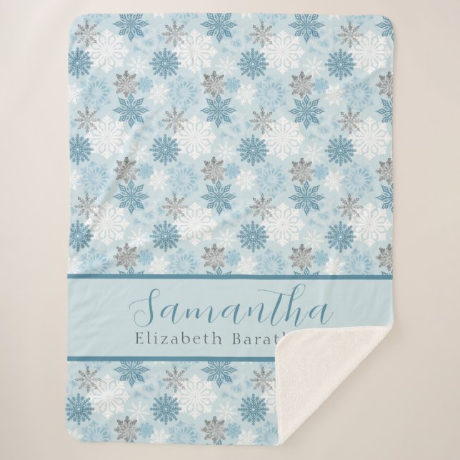 Blue & Silver Winter Snowflake Personalized Name  Sherpa Blanket (Front)