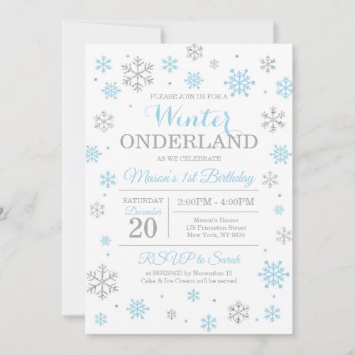 Blue Silver Winter Wonderland Birthday Invitation