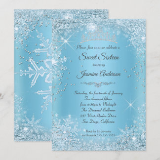 Blue Silver Winter Wonderland Sweet 16 Tiara Invitation