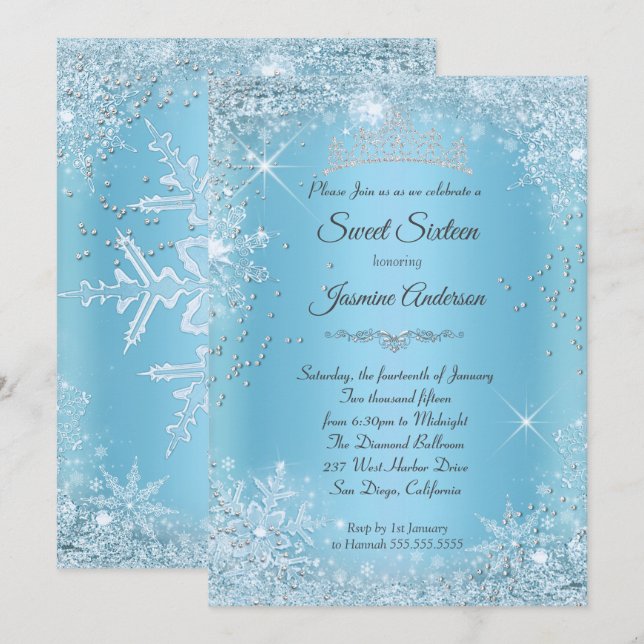 Blue Silver Winter Wonderland Sweet 16 Tiara Invitation (Front/Back)