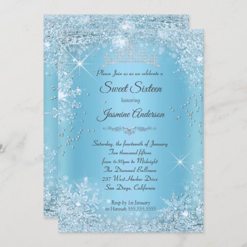 Blue Silver Winter Wonderland Sweet 16 Tiara Invitation