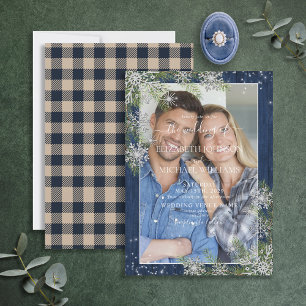 Blue Silver Winter Wood Plaid Rustic Photo Wedding Invitation