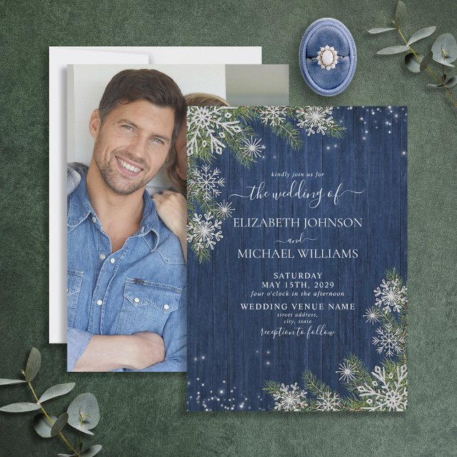 Blue Silver Winter Wood Plaid Rustic Photo Wedding Invitation (Creator Uploaded)