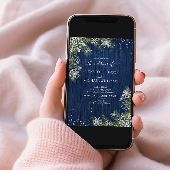 Blue Silver Winter Wood Plaid Rustic Photo Wedding Invitation (Creator Uploaded)