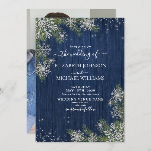 Blue Silver Winter Wood Plaid Rustic Photo Wedding Invitation - Create the perfect wedding invitation with this rustic winter wonderland design. Featuring navy blue wood, silver glitter snowflakes falling on watercolor fir greenery, with hand lettered script typography and sparkly string lights, the back of the card features your favorite engagement photo. Thank you sooo much for supporting our small business, we really appreciate it! 
We are so happy you love this design as much as we do, and would love to invite
you to be part of our new private Facebook group Wedding Planning Tips for Busy Brides. 
Join to receive the latest on sales, new releases and more! 
https://www.facebook.com/groups/622298402544171  
Copyright Anastasia Surridge for Elegant Invites, all rights reserved.