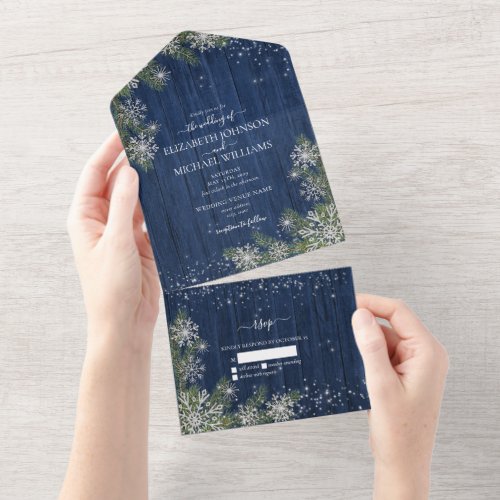 Blue Silver Winter Wood Plaid Rustic Wedding All In One Invitation - Create the perfect wedding invitation with this budget rustic winter wonderland all-in-one design, featuring a navy blue wood, silver glitter snowflakes falling on watercolor fir greenery, with hand lettered script typography and sparkly string lights. Contact designer for matching products. Thank you sooo much for supporting our small business, we really appreciate it! 
We are so happy you love this design as much as we do, and would love to invite
you to be part of our new private Facebook group Wedding Planning Tips for Busy Brides. 
Join to receive the latest on sales, new releases and more! 
https://www.facebook.com/groups/622298402544171  
Copyright Anastasia Surridge for Elegant Invites, all rights reserved.