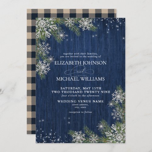 Blue Silver Winter Wood Plaid Rustic Wedding Invitation - Create the perfect wedding invitation with this rustic winter wonderland design. Featuring navy blue wood, silver glitter snowflakes falling on watercolor fir greenery, with hand lettered script typography and sparkly string lights, the back of the card features a tan and navy buffalo plaid texture. Copyright Elegant Invites, all rights reserved.