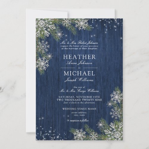 Blue Silver Winter Wood Plaid Rustic Wedding Invitation - Create the perfect wedding invitation with this rustic winter wonderland design. Featuring navy blue wood, silver glitter snowflakes falling on watercolor fir greenery, with hand lettered script typography and sparkly string lights, the back of the card features a tan and navy buffalo plaid texture. Copyright Elegant Invites, all rights reserved.