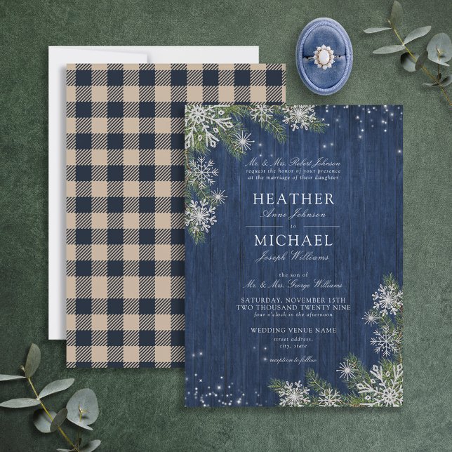Blue Silver Winter Wood Plaid Rustic Wedding Invitation (Creator Uploaded)