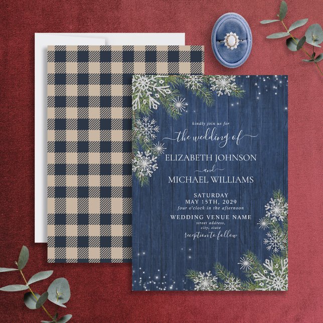 Blue Silver Winter Wood Plaid Rustic Wedding Invitation (Creator Uploaded)