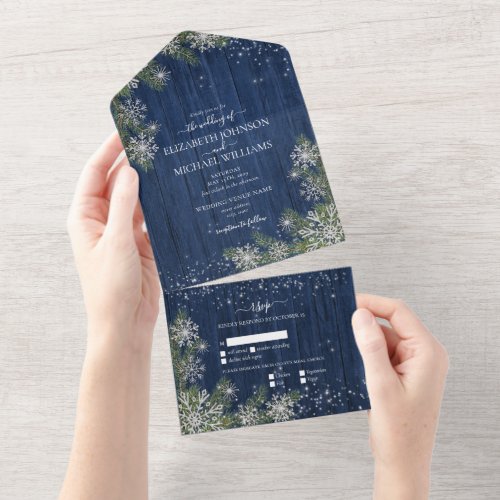 Blue Silver Winter Wood Plaid Rustic Wedding +Menu All In One Invitation - Create the perfect wedding invitation with this budget rustic winter wonderland all-in-one design, featuring a navy blue wood, silver glitter snowflakes falling on watercolor fir greenery, with hand lettered script typography and sparkly string lights. This version contains menu choices in the RSVP. Contact designer for matching products. Thank you sooo much for supporting our small business, we really appreciate it! 
We are so happy you love this design as much as we do, and would love to invite
you to be part of our new private Facebook group Wedding Planning Tips for Busy Brides. 
Join to receive the latest on sales, new releases and more! 
https://www.facebook.com/groups/622298402544171  
Copyright Anastasia Surridge for Elegant Invites, all rights reserved.