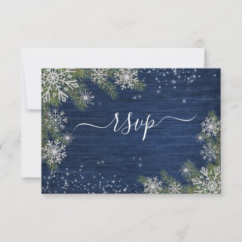 Blue Silver Winter Wood Plaid Rustic Wedding +Menu RSVP Card - Create the perfect wedding invitation suite by including this watercolor RSVP enclosure card, featuring a custom watercolor motifs comprised of pine branches, and silver glitter snowflakes, with delicate string lights creating a magical winter mood. Easily personalized, with suite matching script typography on the front. This design features meal choices on the reverse. To remove meal choices, we have create a how-to video for you here: https://youtu.be/ZGpeldQgxoE Part of a matching wedding set:  Copyright Elegant Invites. All rights reserved.