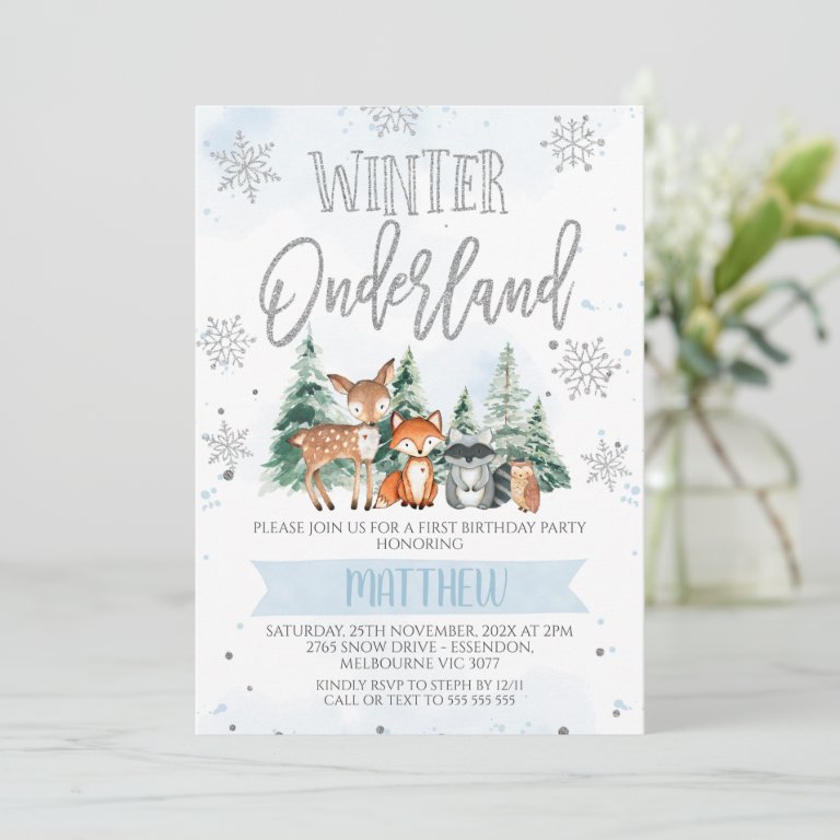  Blue Silver Woodland Onederland First Birthday In Invitation