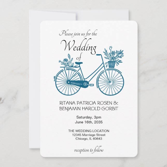 Blue Simple Bicycle Wedding Invitation (Front)