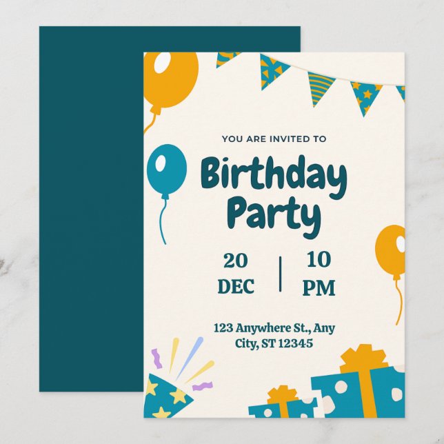 Blue Simple Birthday Invitation (Front/Back)