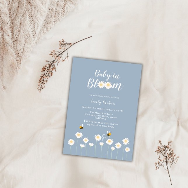 Blue Simple Boho Daisy Floral Baby In Bloom Shower Invitation (Blue Simple Boho Daisy Floral Baby In Bloom Shower Invitation)