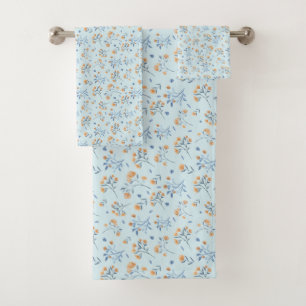 Blue Simple Boho Vintage Wildflower Pattern   Bath Towel Set