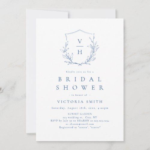 Blue simple botanical crest monogram bridal shower invitation