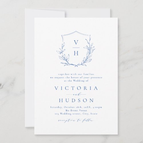 Blue simple botanical crest monogram wedding invitation
