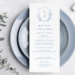 Blue simple botanical crest monogram wedding  Menu<br><div class="desc">Monogrammed initials framed by elegant crest and hand illustrated botanical leaves,  menu details in elegant script and classic font,  simple and luxury.  Great blue and white menu for modern classic wedding,  simple formal wedding,  elegant botanical garden wedding. 
See all the matching pieces in the collection.</div>