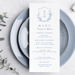 Blue simple botanical crest monogram wedding  Menu