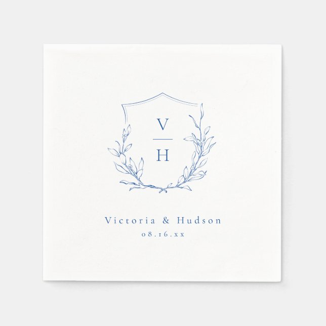  Blue simple botanical crest monogram wedding Napkins (Front)
