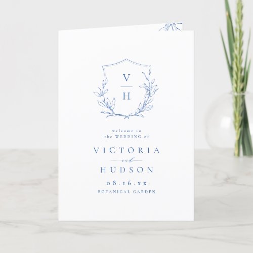  Blue simple botanical crest monogram wedding Program