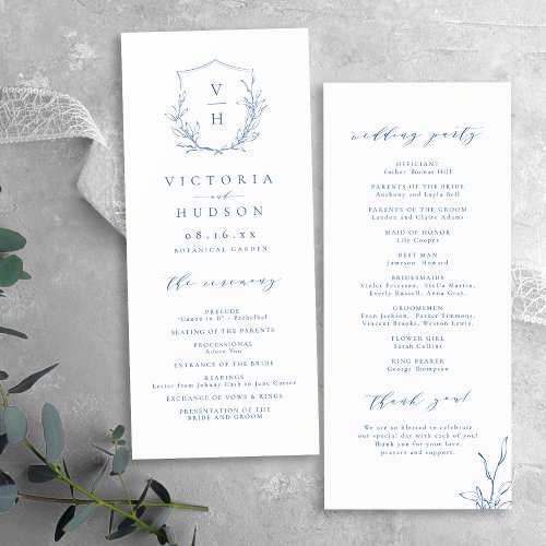  Blue simple botanical crest monogram wedding Program
