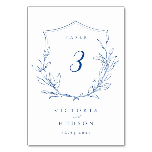  Blue simple botanical crest monogram wedding Table Number
