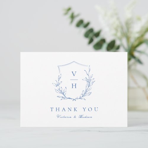 Blue simple botanical crest monogram wedding thank you card