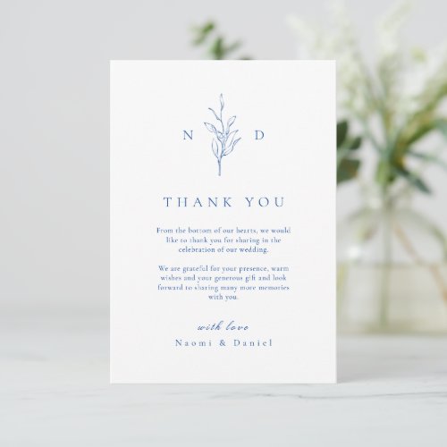 Blue simple botanical leaves monogram wedding thank you card