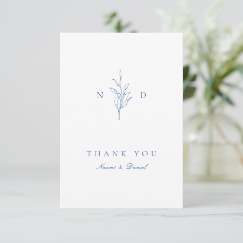 Blue Simple botanical leaves monogram wedding Thank You Card