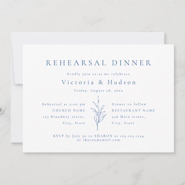 Blue simple botanical leaves rehearsal dinner invitation (Front)