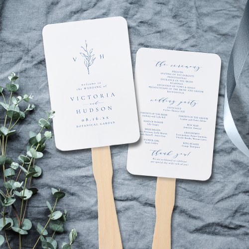 Blue simple botanical monogram wedding program han hand fan