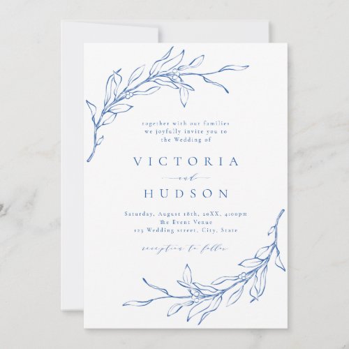 Blue simple botanical wreath rustic wedding invitation