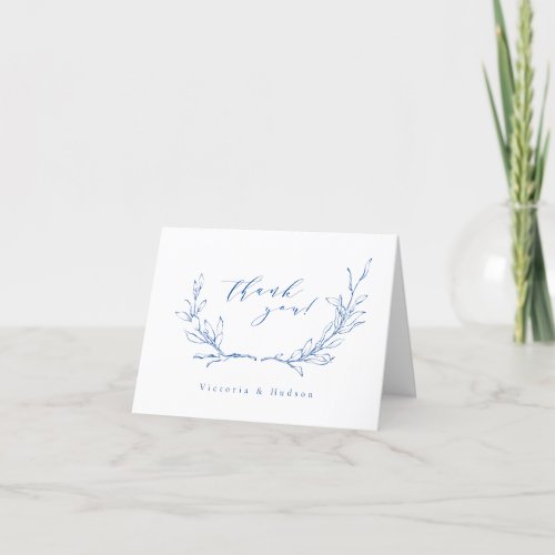 Blue simple botanical wreath wedding thank you card