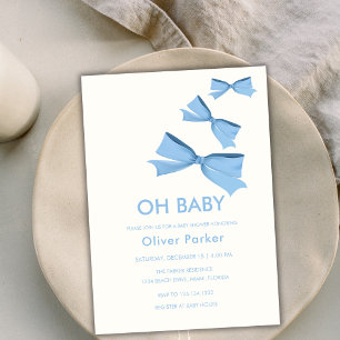 Blue Simple Bow Ribbon Boy Baby Shower Invitation