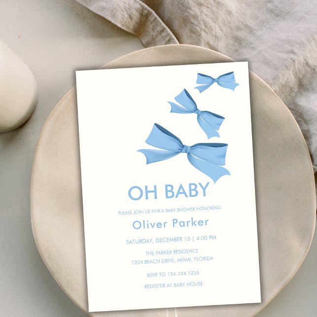 Blue Simple Bow Ribbon Boy Baby Shower Invitation (Blue Simple Bow Ribbon Boy Baby Shower Invitation)