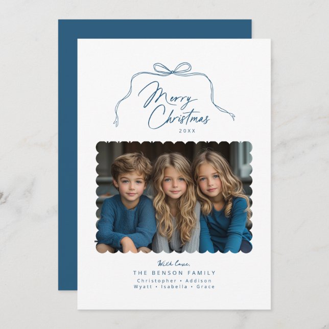 Blue Simple Bow Scalloped Photo Christmas Card (Front/Back)