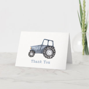 Blue Simple Boy Watercolor Tractor Baby Shower Letterpress Thank You Card