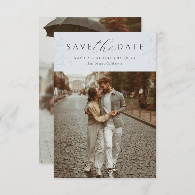 Blue | Simple Calligraphy Floral Wedding Photo Save The Date (Front/Back)