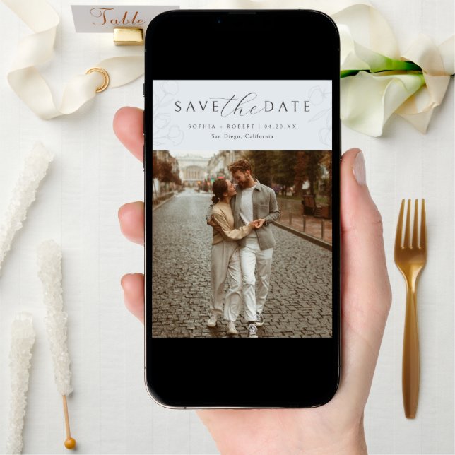 Blue | Simple Calligraphy Floral Wedding Photo Save The Date (Front Digital)